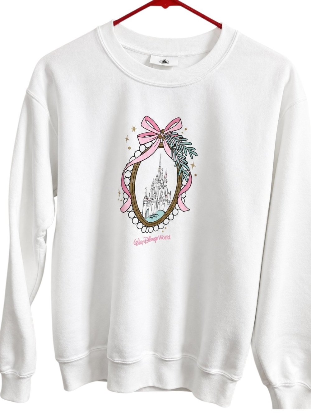 2025 Walt Disney World Pink Bow Castle Frame Holiday White Sweatshirt XSmall